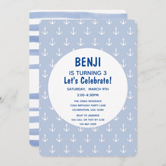 Blaue und Marine Anchor zum Geburtstag Einladung (Vorne/Hinten)
