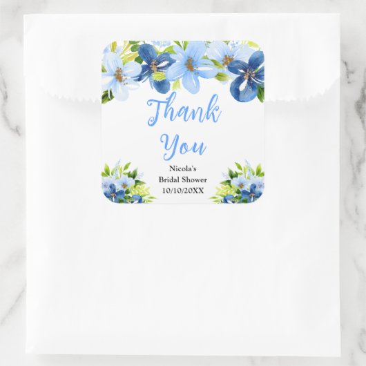 Blaue und marineblaue Blumen Brautparty Dankeschön Quadratischer Aufkleber (Tasche)