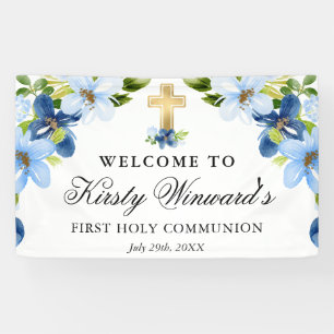 Blaue und marineblaue Blumen Erste heilige Kommuni Banner