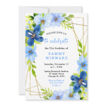 Blaue und marineblaue Blumen mit Geburtstags-Blatt
