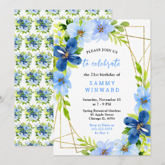 Blaue und marineblaue Blumen mit Geburtstags-Blatt Einladung