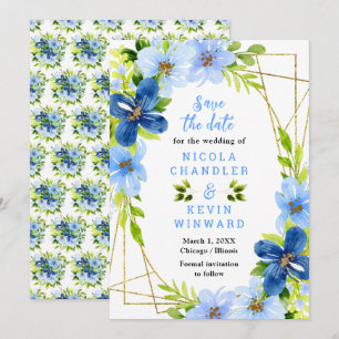 Blaue und marineblaue Blumen mit Laub Hochzeit Save The Date