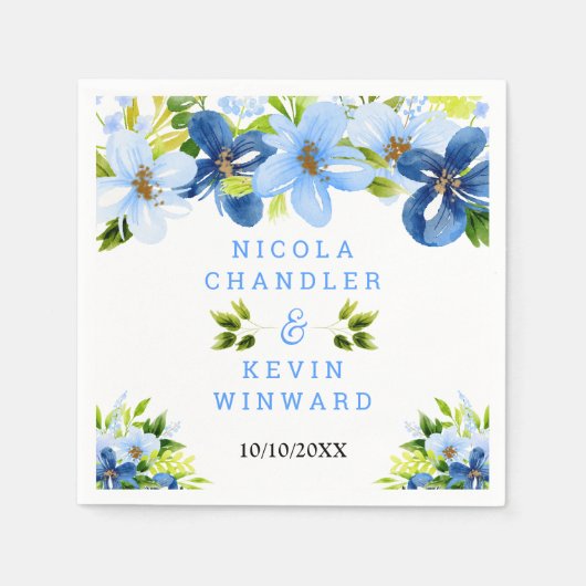Blaue und marineblaue Blumen mit Laub Serviette (Vorderseite)