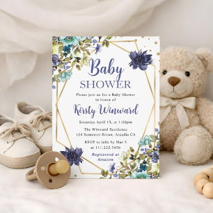Blaue und marineblaue Sommerblumen-Rahmen-Baby-Par Einladung