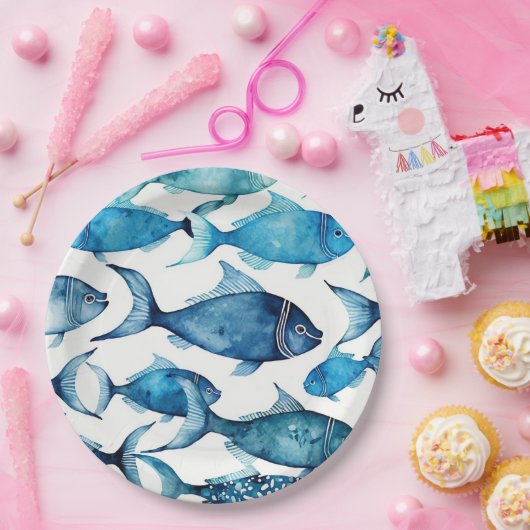 Blaue und marinierte Aquarellfische | Nautische Ki Pappteller (Party)