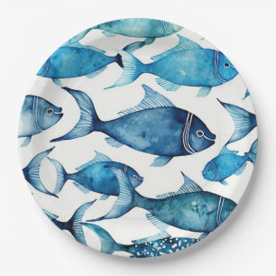Blaue und marinierte Aquarellfische   Nautische Ki Pappteller