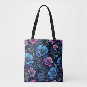 Blaue und mauvefarbene Blüten Tasche