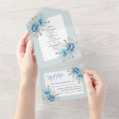 Blaue und minzgrün Aquarellfarben Hochzeit All In One Einladung (Abreißen)