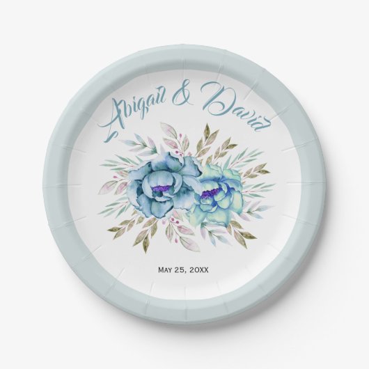 Blaue und minzgrün Aquarellfarben Hochzeit Pappteller (Vorderseite)