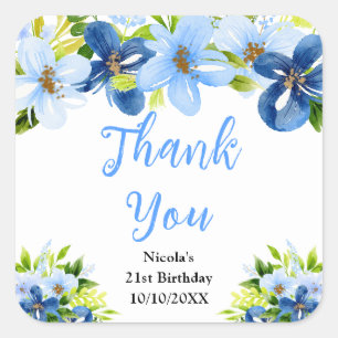 Blaue und Navy-Blumen Geburtstags-Dankeschön Quadratischer Aufkleber