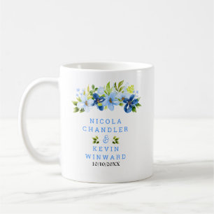 Blaue und Navy-Blumen mit Laub Hochzeit Kaffeetasse