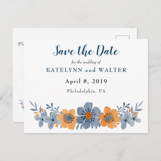 Blaue und orange Blume Save the Date Postkarten (Vorne/Hinten)