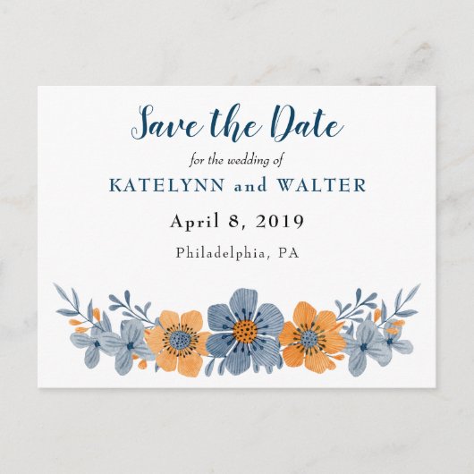 Blaue und orange Blume Save the Date Postkarten (Vorderseite)