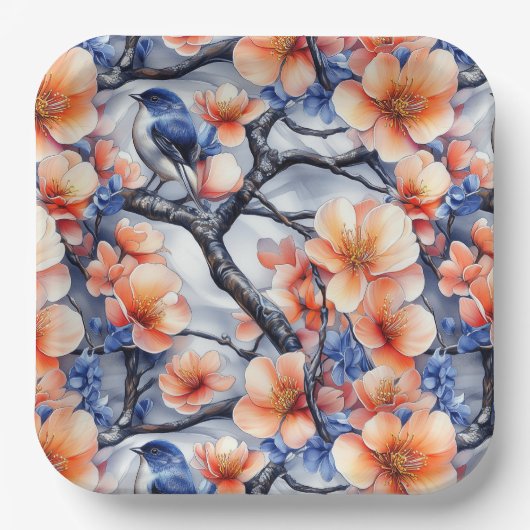 Blaue und orange Flora- und Fauna-Szene Pappteller (Vorderseite)