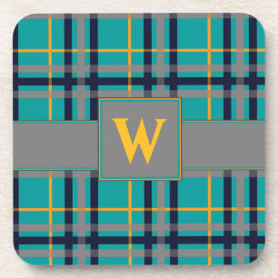 Blaue und orange karierte quadratische Coaster Untersetzer