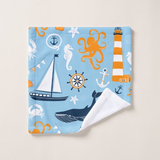 Blaue und orange Nautische Muster II Kinder Badhandtuch Set (Waschlappen)