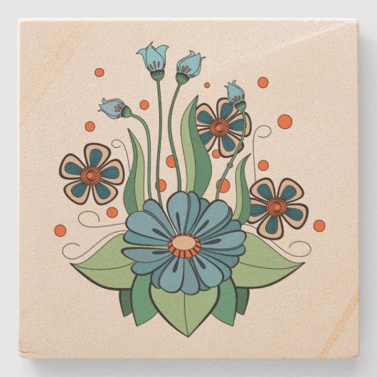 Blaue und Orangefarbene Blume Steinuntersetzer (Vorderseite)