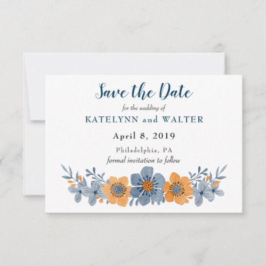 Blaue und orangefarbene Blumen Save-the-Date-Karte Save The Date (Vorderseite)
