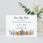 Blaue und orangefarbene Blumen Save-the-Date-Karte Save The Date (Stehend Vorderseite)