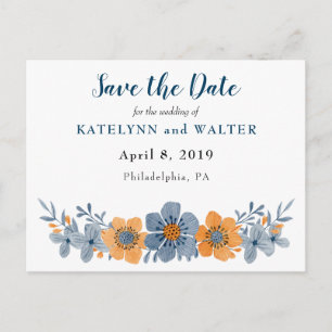 Blaue und orangefarbene Blumen-Save-the-Date-Postk Ankündigungspostkarte