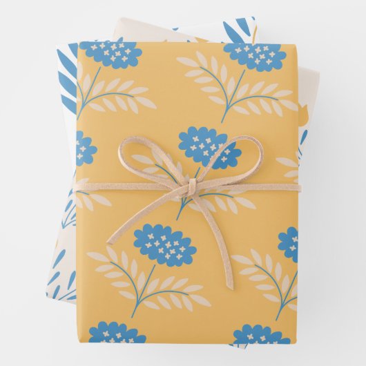 Blaue und orangefarbene Blumenumhüllungsblätter Geschenkpapier Set (Beispiel)