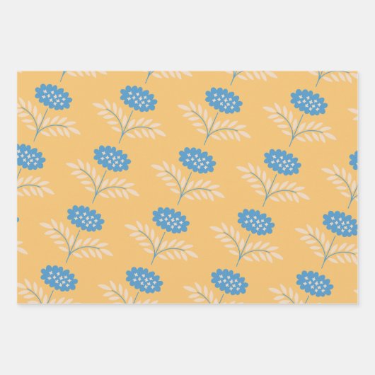 Blaue und orangefarbene Blumenumhüllungsblätter Geschenkpapier Set (Vorderseite)