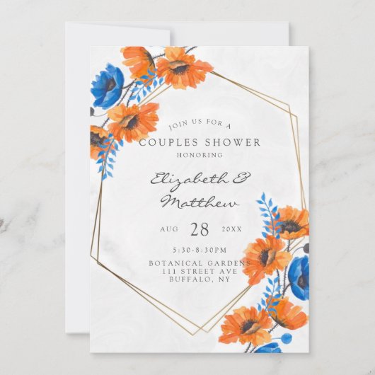 Blaue und orangefarbene Mohndusche geometrische Pa Einladung (Vorderseite)