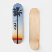 Blaue und orangefarbene Palmen Silhouette Skateboard (Vorderseite)