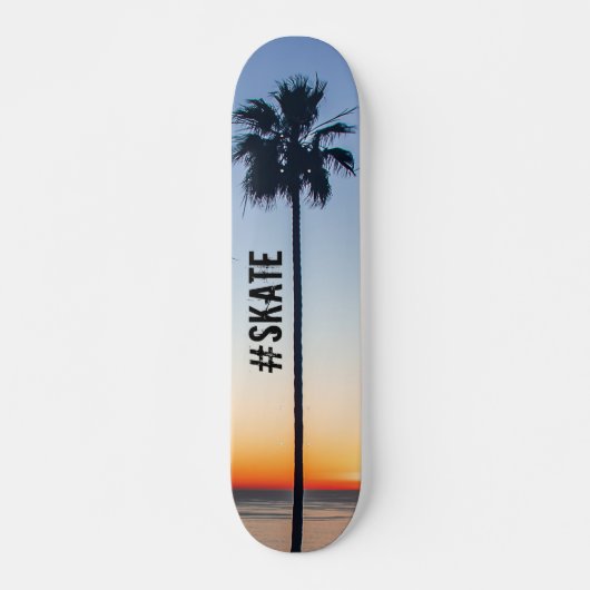 Blaue und orangefarbene Palmen Silhouette Skateboard (Vorne)