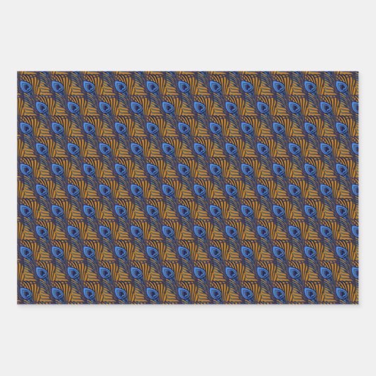 Blaue und orangefarbene Pfauenfedermuster Geschenkpapier Set (Vorderseite 2)