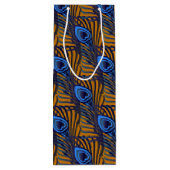 Blaue und orangefarbene Pfauenfedermuster Geschenktüte Für Weinflaschen (Rückseite)