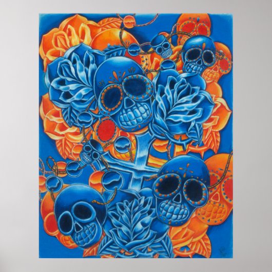 Blaue und orangefarbene Skulls drucken Poster (Vorne)
