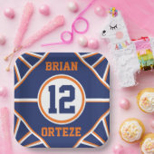 Blaue und orangefarbene Sportfolien Pappteller (Party)