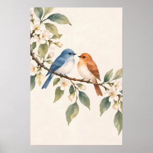 Blaue und orangefarbene Vögel auf blühendem Ast Bo Poster