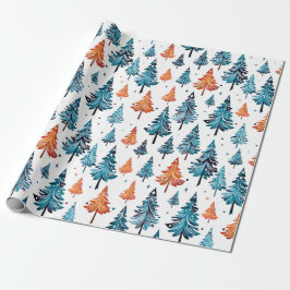 Blaue und orangefarbene Weihnachtsbaumen Geschenkpapier