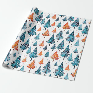 Blaue und orangefarbene Weihnachtsbaumen Geschenkpapier