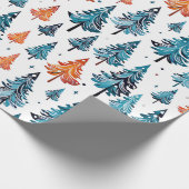 Blaue und orangefarbene Weihnachtsbaumen Geschenkpapier (Ecke)