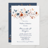 Blaue und orangefarbene Wildblumen Hochzeit Einladung (Vorne/Hinten)