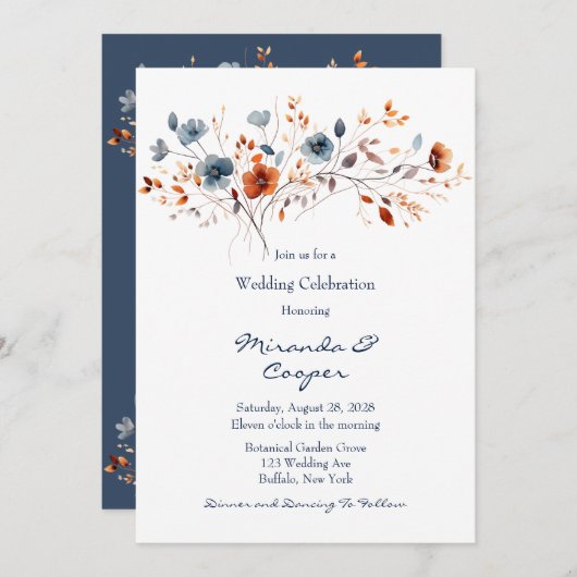 Blaue und orangefarbene Wildblumen Hochzeit Einladung (Vorne/Hinten)