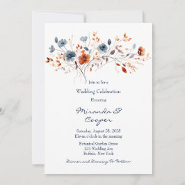 Blaue und orangefarbene Wildblumen Hochzeit Einladung
