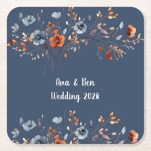 Blaue und orangefarbene Wildblumen Hochzeit Rechteckiger Pappuntersetzer (Vorderseite)