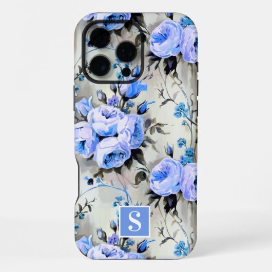 Blaue und Periwinkle-Monogramm-Blumen iPhone Hülle (Rückseite)