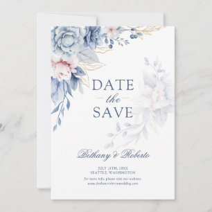 Blaue und rosa Aquarell-Blumen-Foto-Save-the-Date  Save The Date