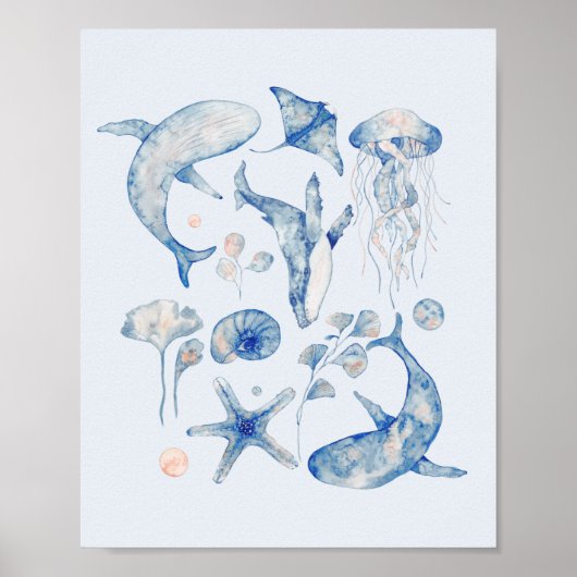 Blaue und rosa Aquarellfische Poster (Vorne)