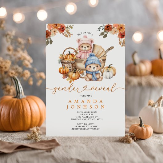 Blaue und rosa Bären: Stroller Pumpkin Gender Reve Einladung