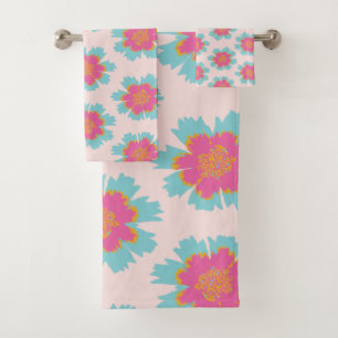 Blaue und rosa Blüten Badhandtuch Set