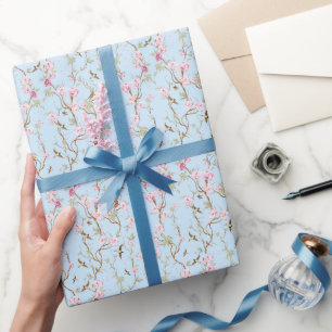 Blaue und rosa Chinoiserie-Botanik-Vögel und -Blum Geschenkpapier