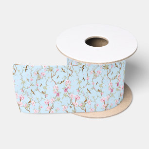 Blaue und rosa Chinoiserie-Botanik-Vögel und -Blum Satinband