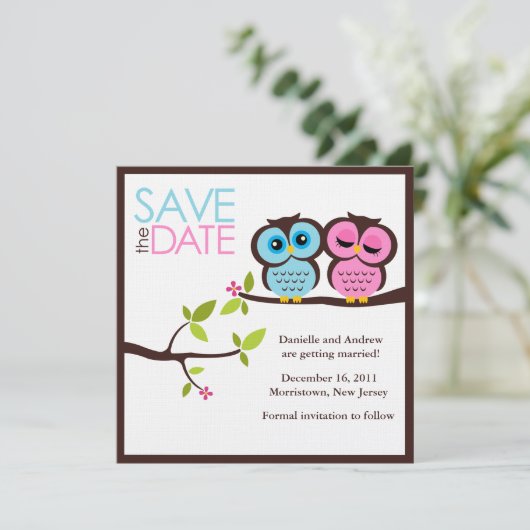 Blaue und rosa Eulen Save The Date (Stehend Vorderseite)