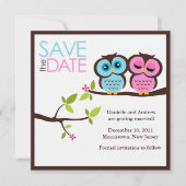 Blaue und rosa Eulen Save The Date (Vorderseite)